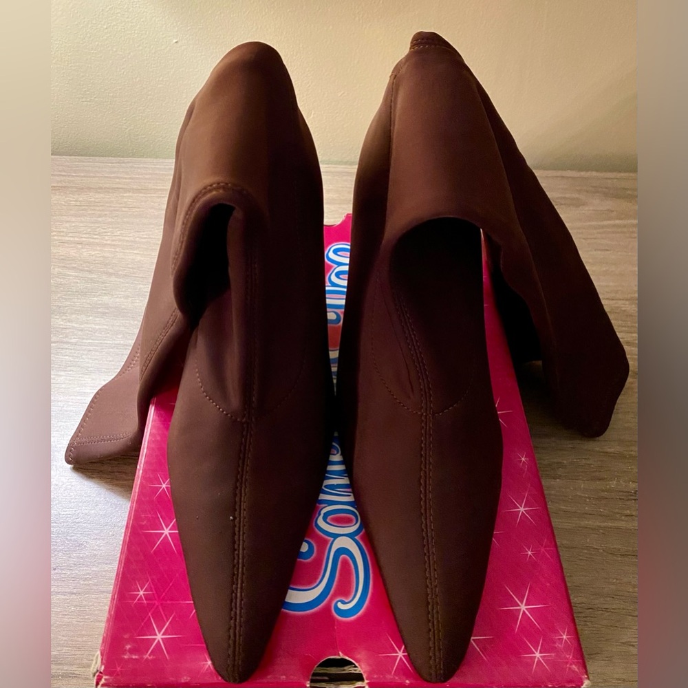 Brown stretch calf length boots